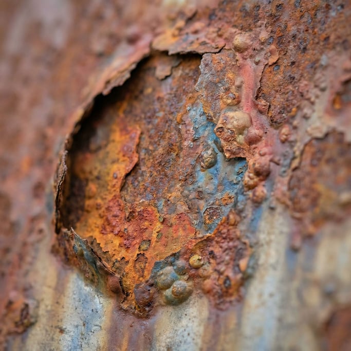 Rust forming on industrial steel, layers of corrosion over bare metal, textured and raw (qsrvjk8)