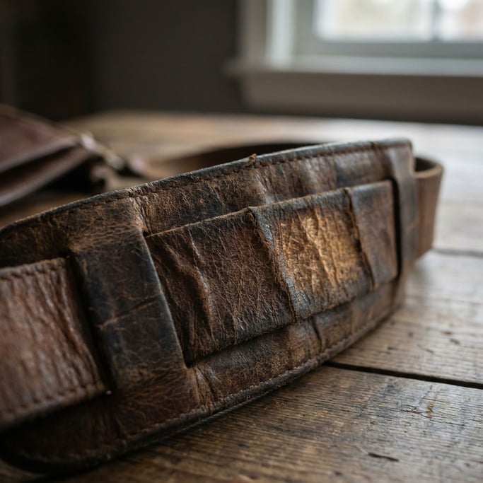 Detail photograph of Worn leather surface showing natural grain, scratches (9b4xt)