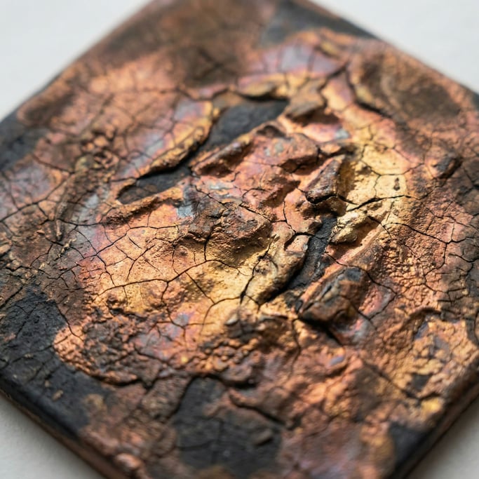 Ceramic raku glaze, metallic copper reduction over black clay body, crackle pattern (irj25sam)