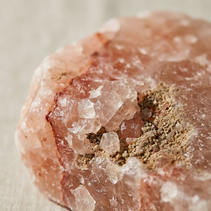 Detail photograph of A slab of pink Himalayan salt in macro