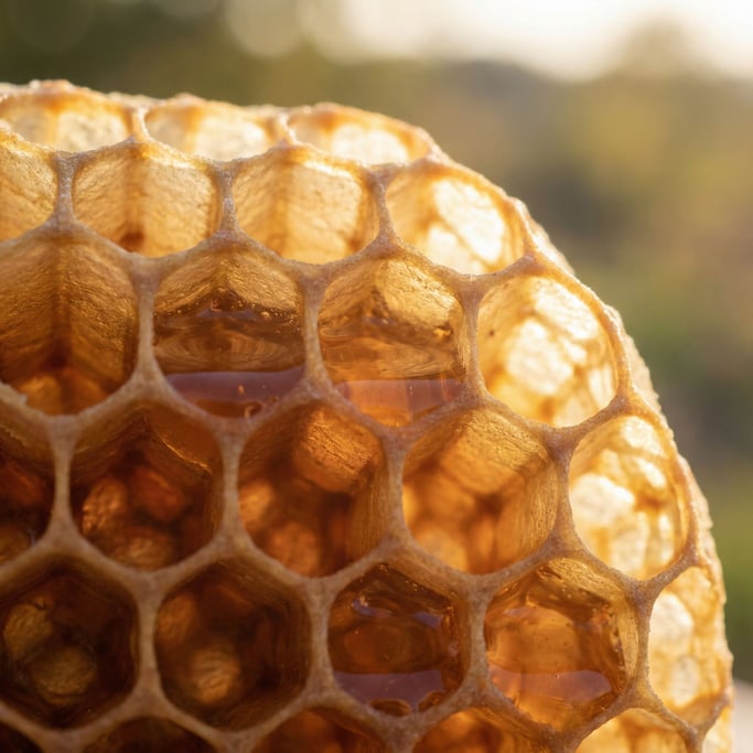 Detail photograph of Beeswax honeycomb, hexagonal cells catching warm backlight
