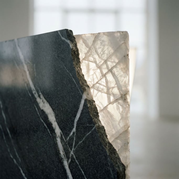 Polished dark granite with veins of white quartz running through, cool and heavy