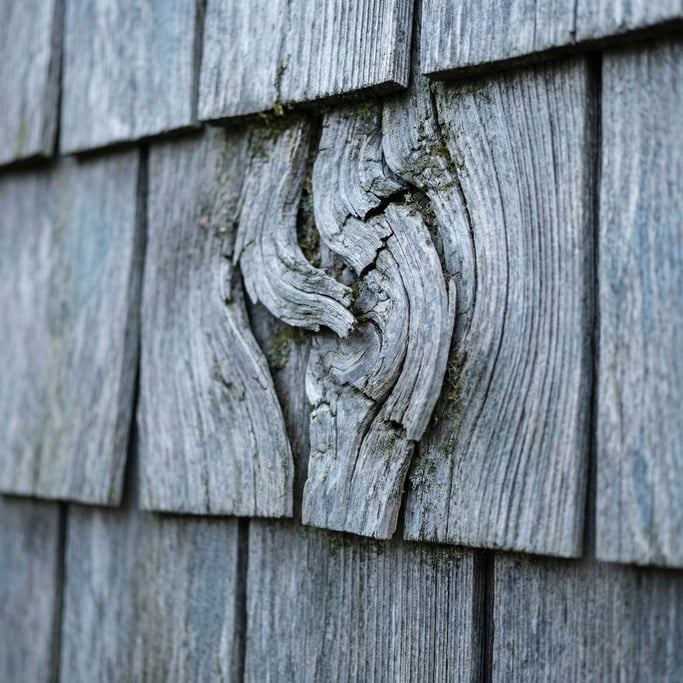 Cedar wood shingle wall weathered to silver-gray, grain raised by decades of rain (ydjbs1mp)