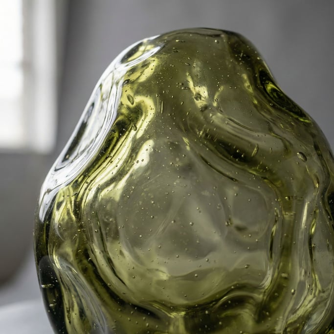 Detail photograph of Melted and re-solidified glass, smooth bulges and trapped air bubbles (i8drdqpo)