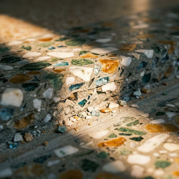 Terrazzo floor in macro, polished fragments of marble and glass in cement matrix (8ti)