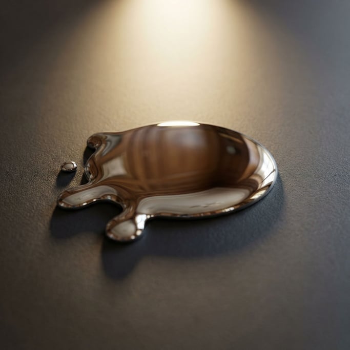 Extreme close-up of A pool of spilled mercury on a dark surface (yno1j3ua)