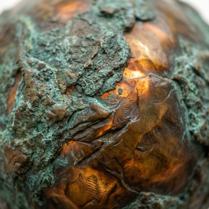 Oxidized bronze sculpture surface, verdigris green fading into warm brown patina (bkxmowlf)