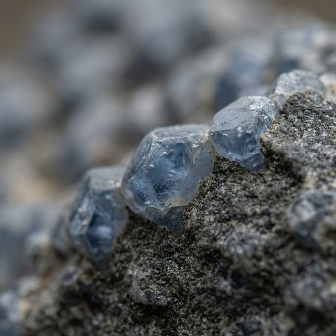Extreme close-up of Raw uncut sapphire crystal embedded in host rock (tjertw9a)