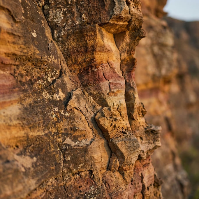 Extreme close-up of Layered sandstone cliff face, bands of color from millions of years of sediment (snkpvl0w)