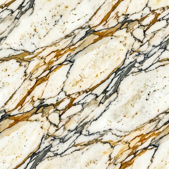 Seamless tileable texture of Calacatta marble, warm white marble with bold gold and grey veins