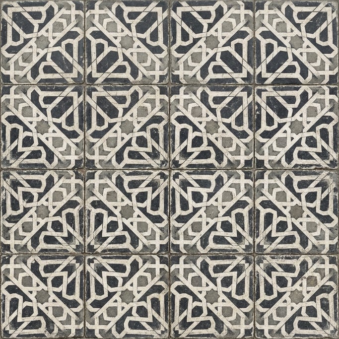 Seamless tileable texture of encaustic cement tile heavily worn and patinated