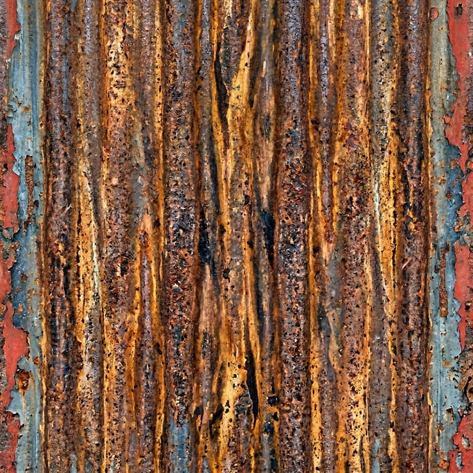Seamless tileable texture of rusted corrugated metal in extreme close-up showing micro-detail