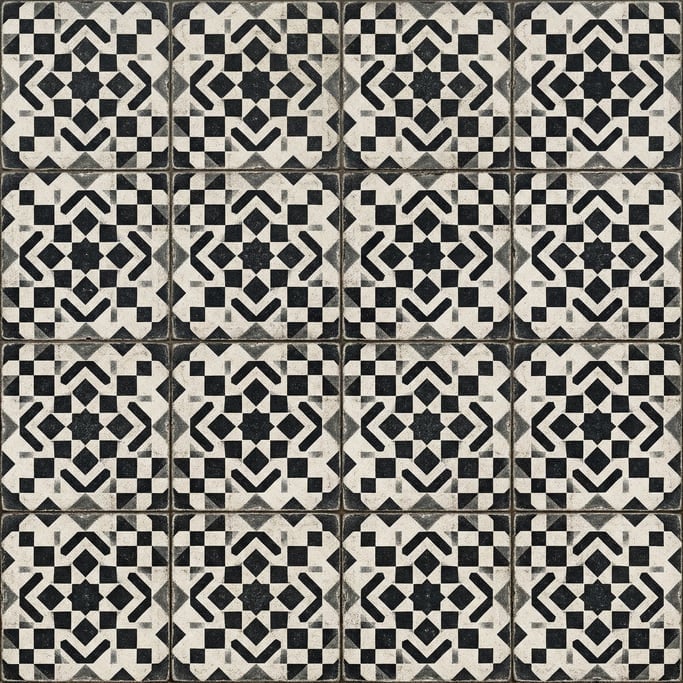 Seamless tileable texture of encaustic cement tile heavily worn and patinated