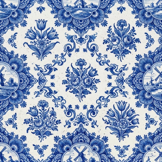 Seamless tileable texture of blue and white delft at higher magnification