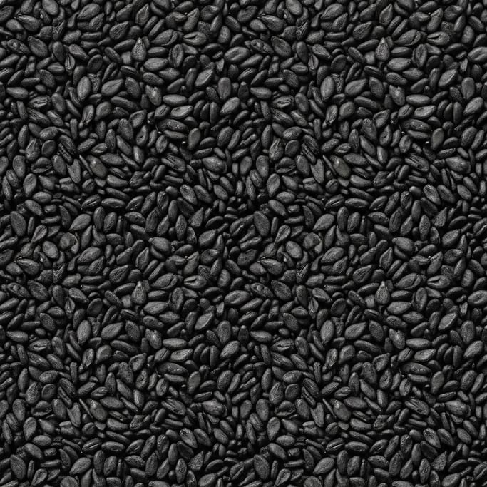 Seamless tileable texture of black sesame seeds at higher magnification