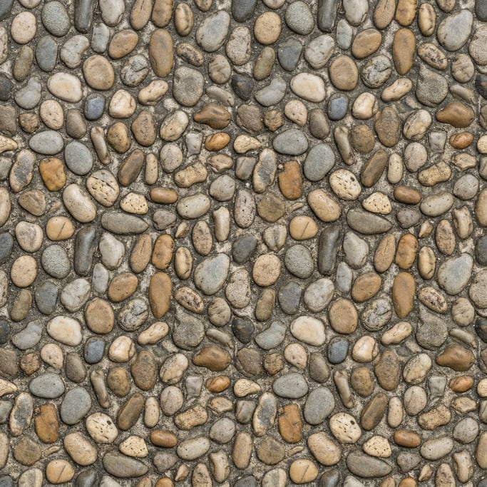 Seamless tileable texture of river pebble mosaic heavily worn and patinated