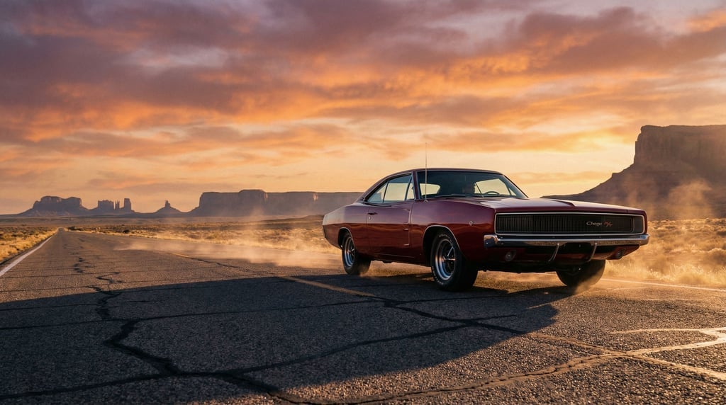 A 1960s American muscle car in deep cherry red parked on an empty desert highway at golden hour