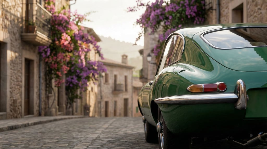 Vintage European sports coupe in racing green tucked into a cobblestone alley in a Mediterranean vil