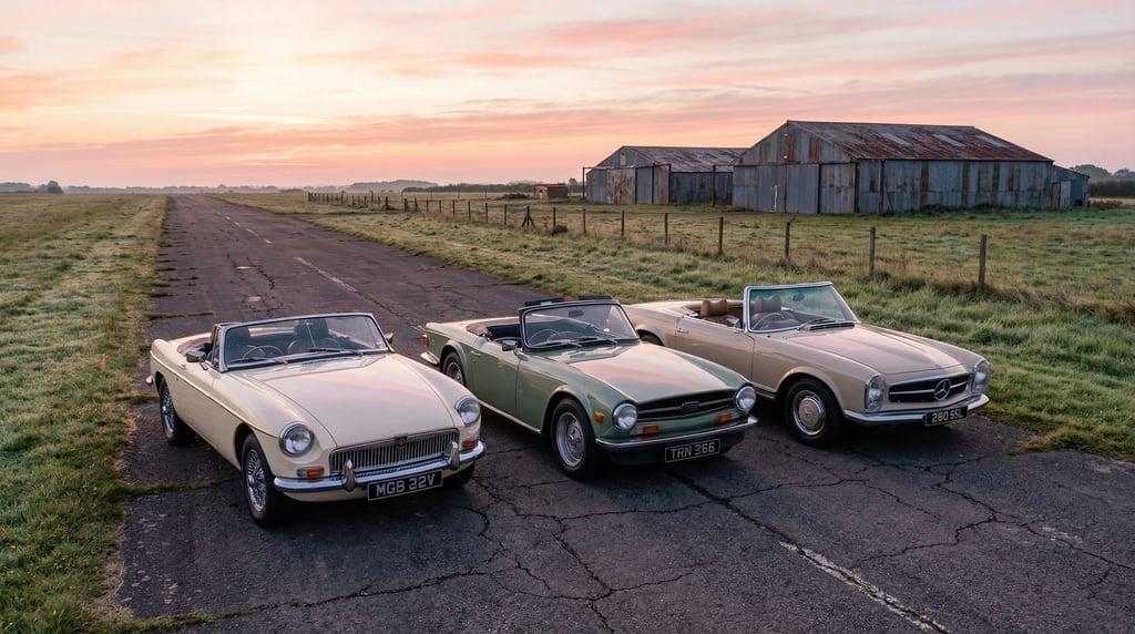 Three classic convertibles in muted earth tones lined up on a rural airstrip at dawn