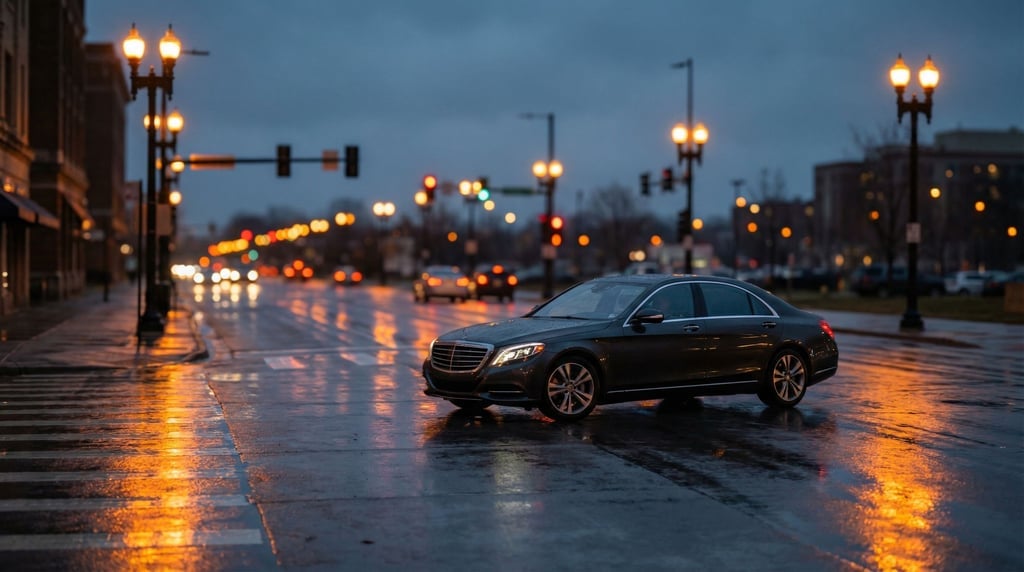 Sleek dark sedan on a rain-slicked city boulevard at dusk