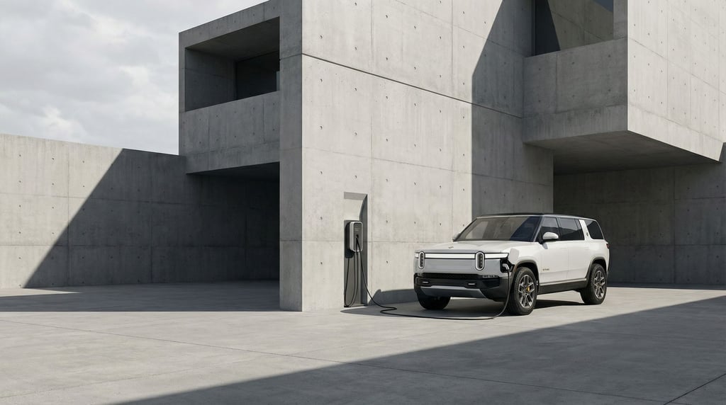 White electric SUV parked at a charging station beside a modernist concrete building