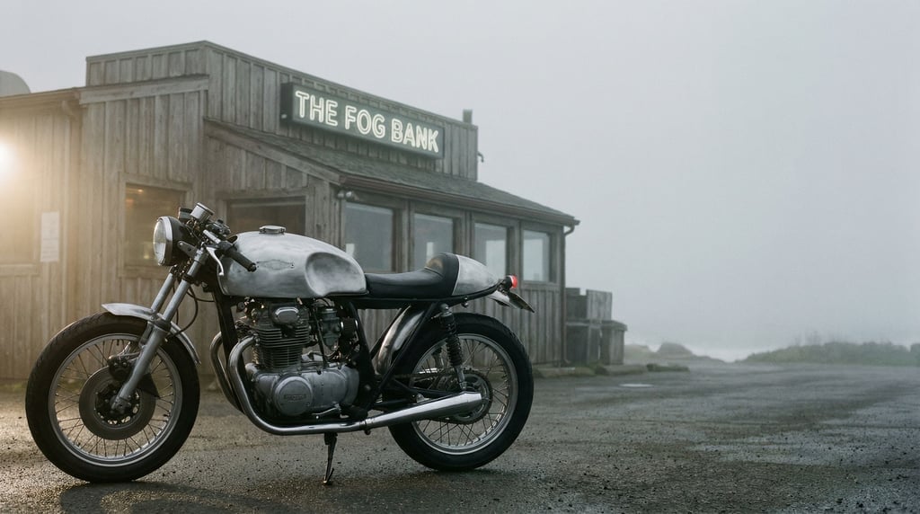 Vintage cafe racer motorcycle in bare metal and black leather leaning on its kickstand outside a fog