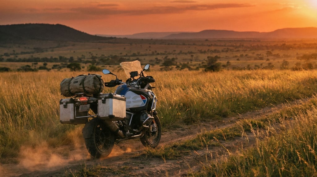 Adventure motorcycle loaded with panniers and a dusty canvas roll on a dirt track through tall golde