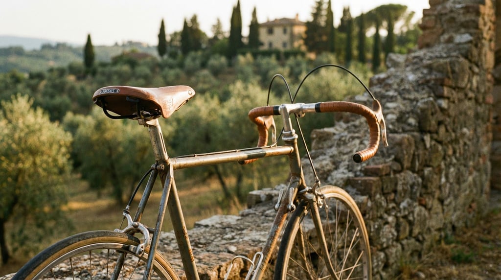 Vintage steel-frame road bicycle with tan leather saddle and handlebar tape leaning against a stone