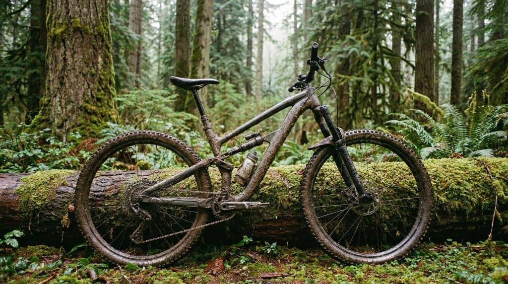 Mountain bike caked in mud resting against a mossy log in a Pacific Northwest forest