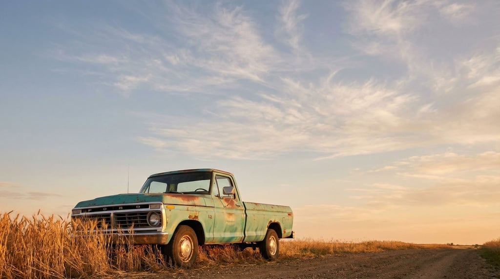 Battered pickup truck in faded turquoise parked in a wheat field at golden hour