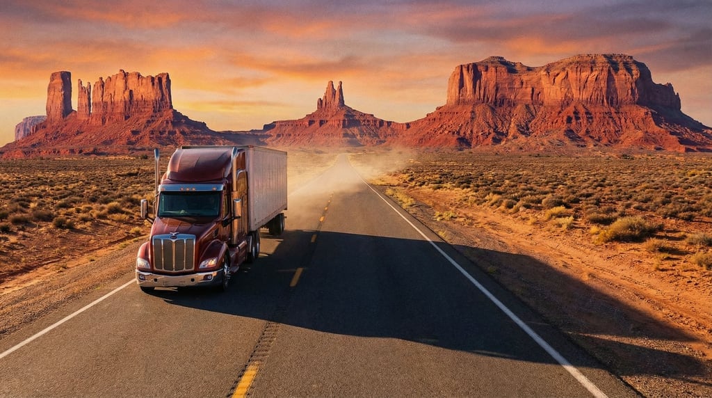 Long-haul freight truck on a straight desert highway disappearing into a vanishing point