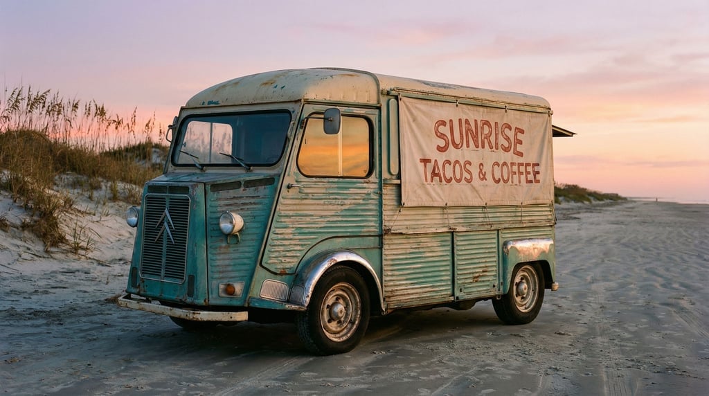 Vintage food truck with peeling paint and a hand-lettered awning parked on an empty beach at dawn