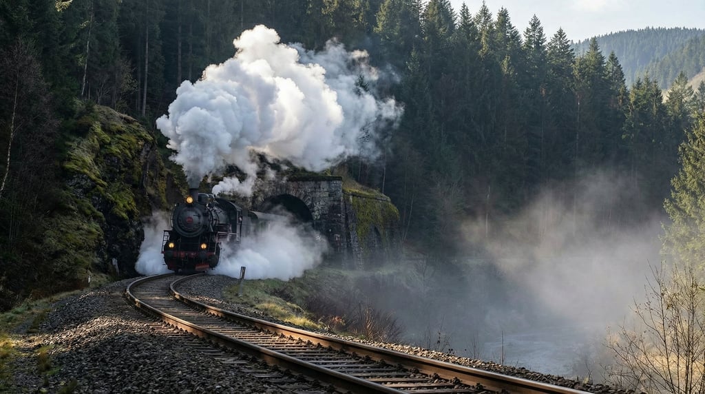 Steam locomotive emerging from a stone tunnel in a mountain valley