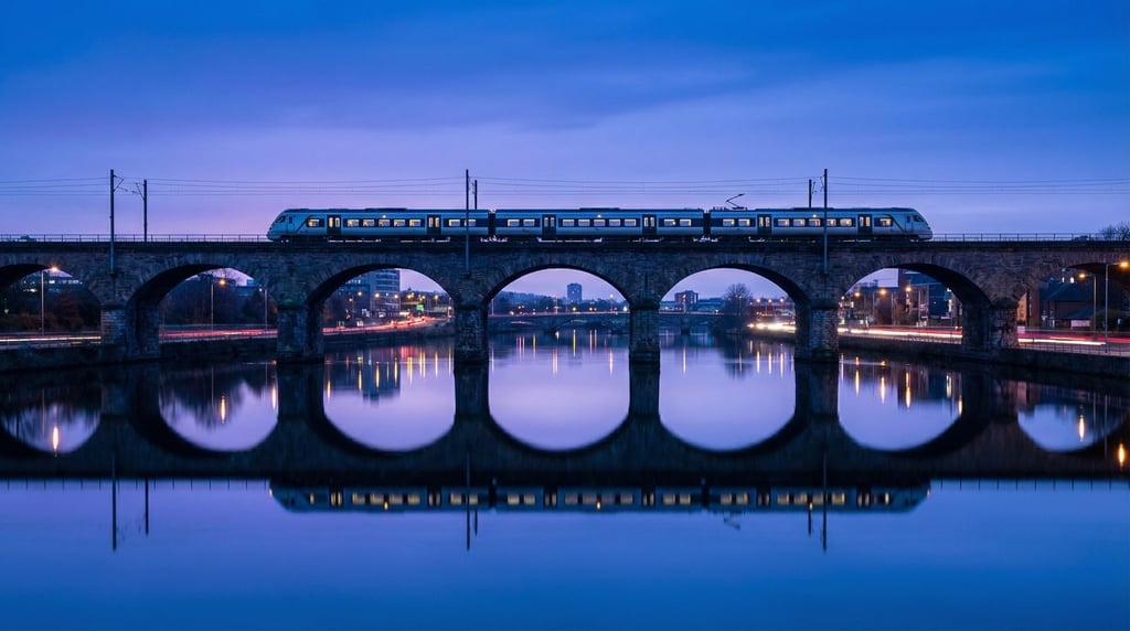 Modern commuter train gliding across a viaduct above a river at blue hour