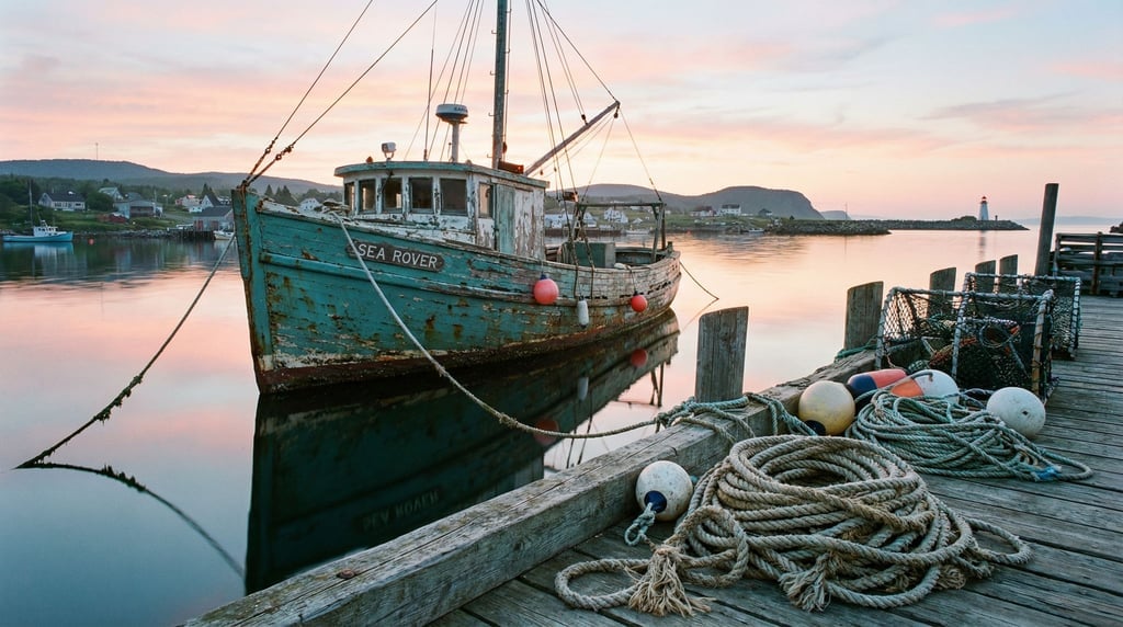 Wooden fishing boat with peeling teal paint moored in a calm harbor at dawn
