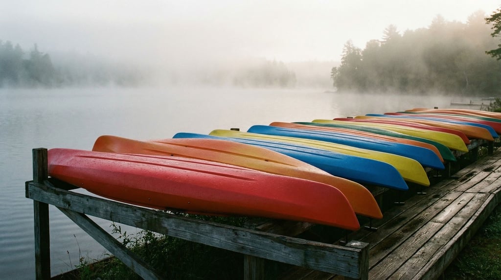 A line of colorful kayaks resting upside-down on a wooden rack beside a misty lake