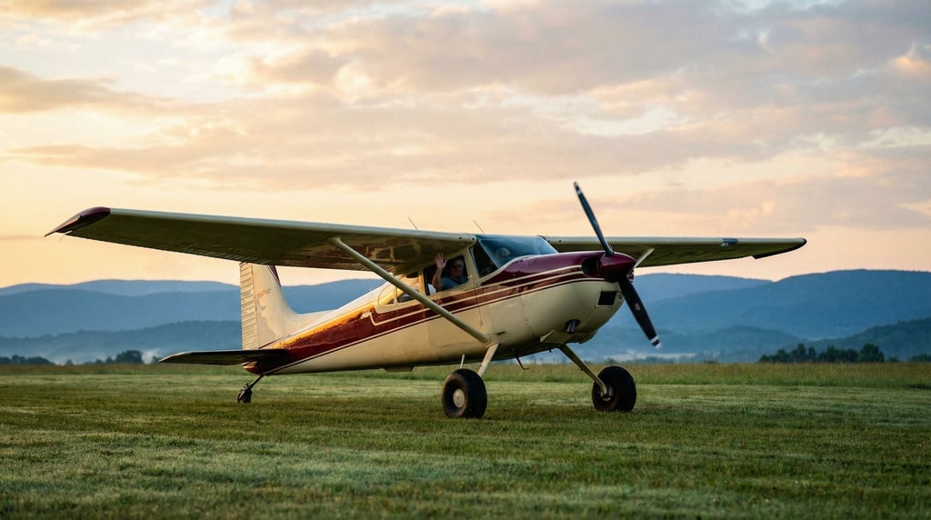 Single-engine propeller plane in cream and burgundy livery taxiing on a grass airstrip at golden hou