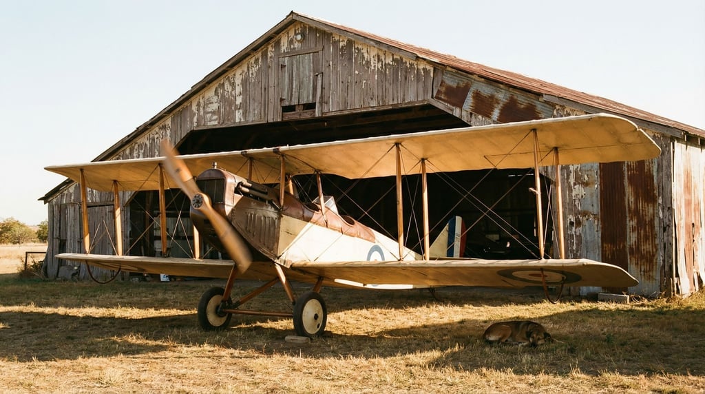 Vintage biplane parked in front of a weathered wooden hangar