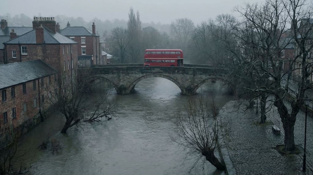 Red double-decker bus crossing a stone bridge over a grey river on an overcast morning