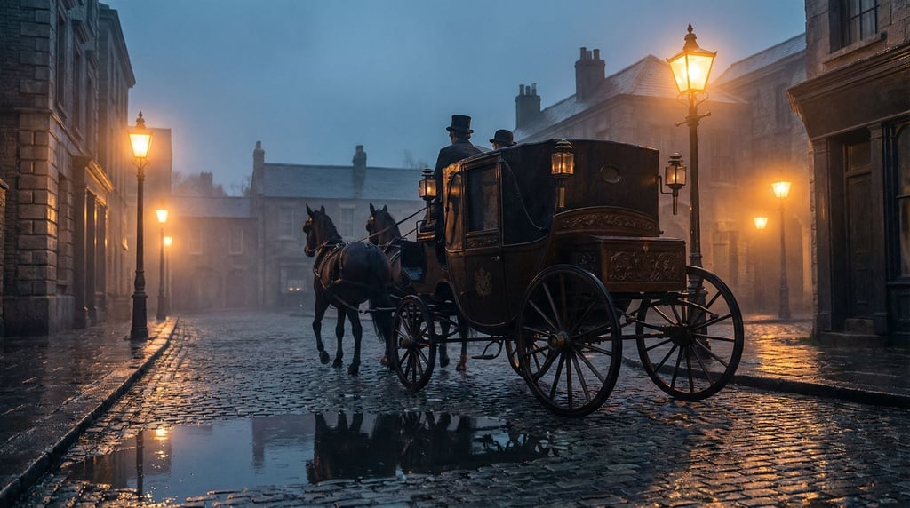 Ornate horse-drawn carriage on a rain-wet cobblestone street at dusk