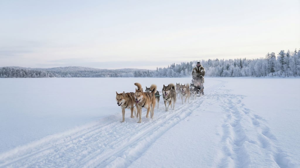 Dog sled team racing across a vast frozen lake under a pale winter sky, soft flat light