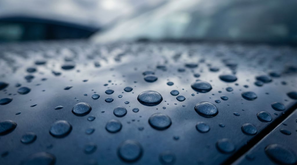 Macro shot of rain beading on a freshly waxed car hood in deep midnight blue