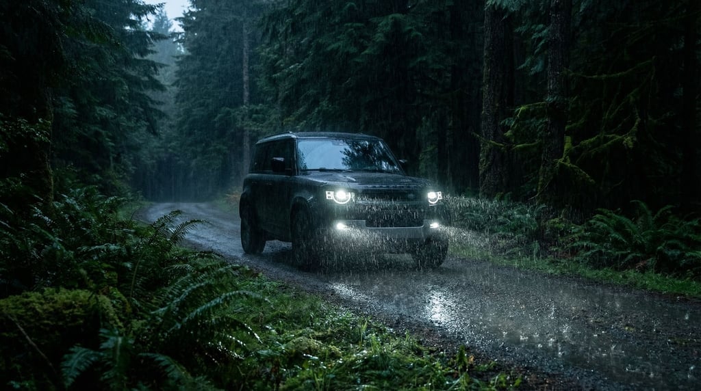 SUV driving through heavy rain on a forest road, headlights cutting through the downpour