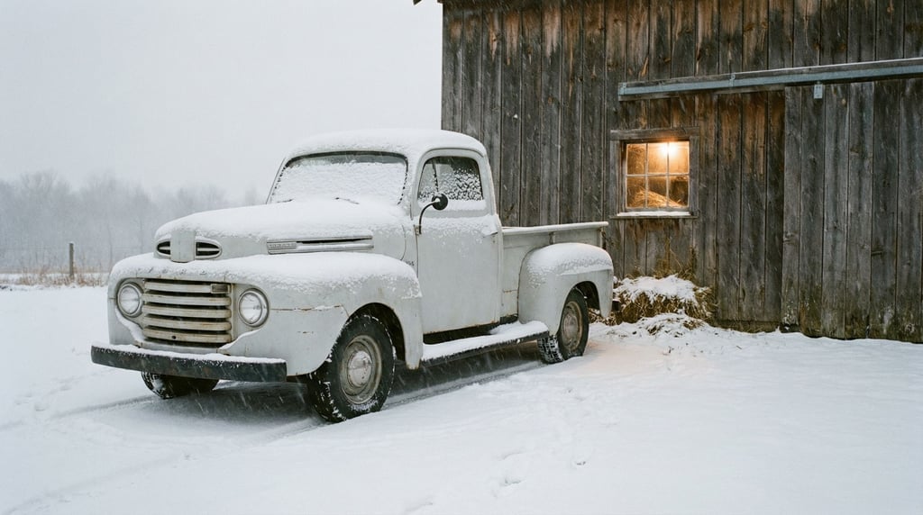 Vintage truck coated in fresh snow parked outside a wooden barn, soft grey winter light