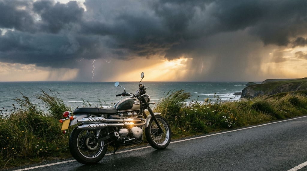Motorcycle parked on a coastal road with dramatic storm clouds building over the ocean behind