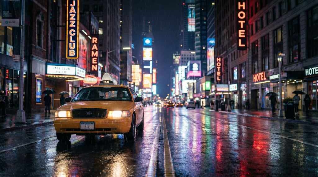 Taxi cab in muted yellow on a rain-slicked city avenue at night