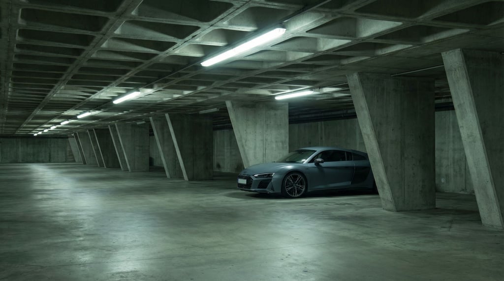 Underground parking garage with a single sports car in slate grey under fluorescent light