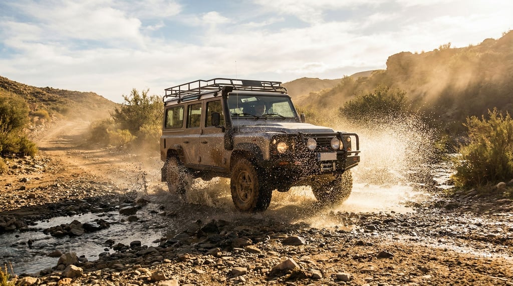 Off-road vehicle splashing through a shallow river crossing on a dusty mountain trail