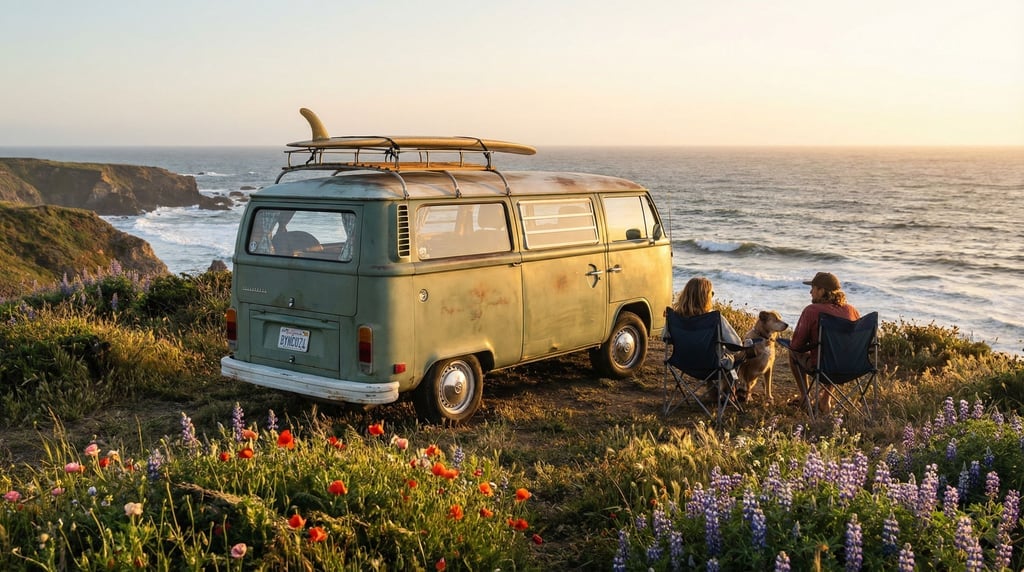 Camper van in faded sage green parked on a bluff overlooking the ocean at sunset