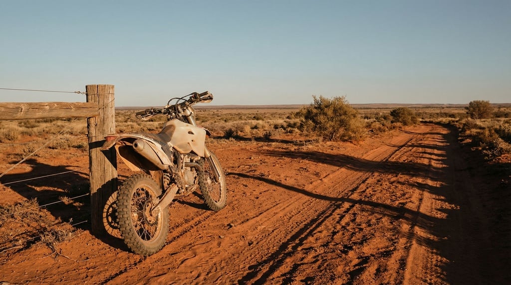 Dirt bike leaning against a fence post on a red-earth outback track, vast flat horizon